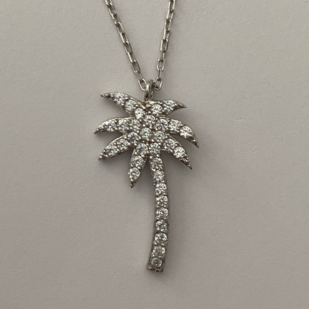 🌴925 Silver palm tree necklace clear cubic zirconia cz stones in free gift box
